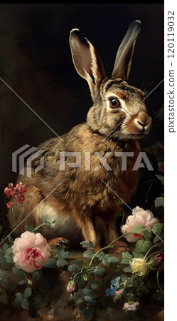 Hare among roses painting by nature and wildlife art design for posters 120119032