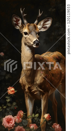 Majestic deer amidst roses - artistic wildlife portrait by pieter franciscus dierckx 120119033