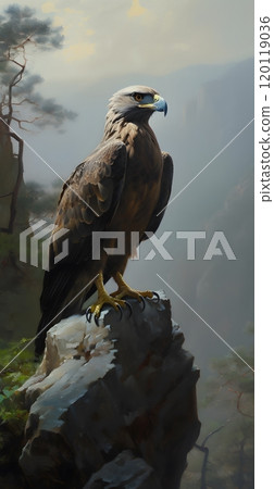 Majestic eagle perched on cliff in misty mountain landscape painting 120119036
