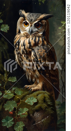 Natural beauty of an owl in forest setting - ideal for nature art and decoration Natural beauty of an owl in forest setting - ideal for nature art and decoration 120119042