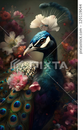 Peacock in enchanting floral forest with birds art for posters and cards Peacock in enchanting floral forest with birds art for posters and cards 120119044