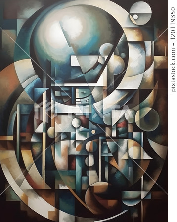 Abstract cubist artwork on wall featuring geometric forms and bold colors 120119350