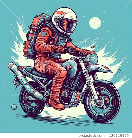 Astronaut adventure: space explorer on motorcycle journey 120119355