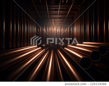 Conceptual art of metal pipes in dark room with dramatic lighting for industrial design 120119366