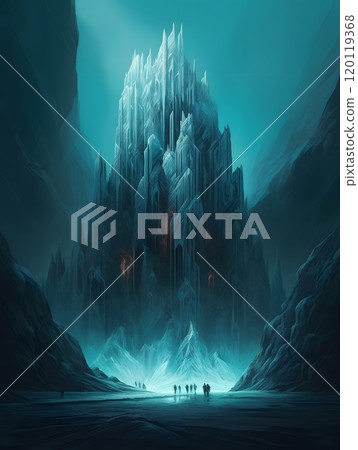 Digital art of ice-covered mountain with majestic peaks and tiny figures 120119368