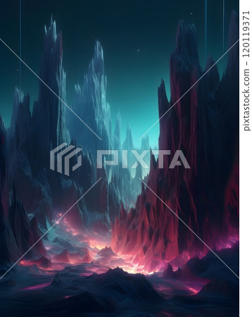 Digital painting of an icy mountain landscape with neon lighting Digital painting of an icy mountain landscape with neon lighting 120119371