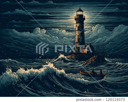 Dramatic lighthouse at sea with moonlit waves ideal for nautical art and home decor Dramatic lighthouse at sea with moonlit waves ideal for nautical art and home decor 120119373