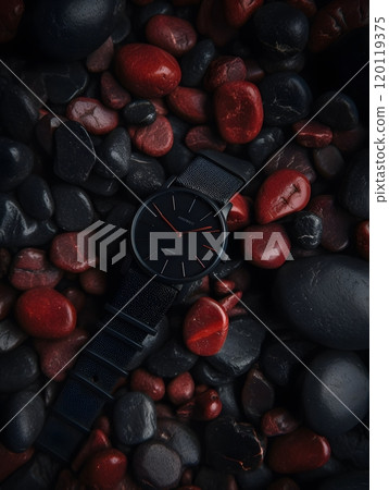 Elegant black watch on red and black rocks for stylish fashion and design Elegant black watch on red and black rocks for stylish fashion and design 120119375