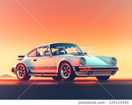 Classic white and orange car under serene sunset sky - vintage automobile design for posters Classic white and orange car under serene sunset sky - vintage automobile design for posters 120119385