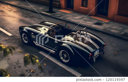 Classic black sports car on city street at sunset for automotive design 120119397