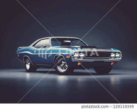 Classic blue and white muscle car on gray background for automotive enthusiasts Classic blue and white muscle car on gray background for automotive enthusiasts 120119399