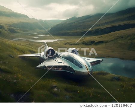 Futuristic aircraft in tranquil mountain landscape 120119407
