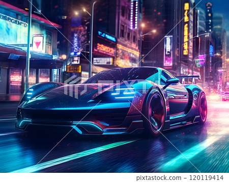 Futuristic sports car cruising through neon-lit city streets at night 120119414