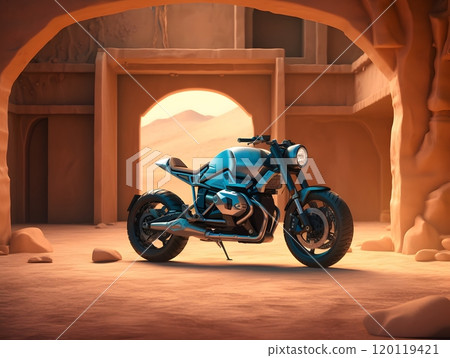 Sleek blue and black motorcycle in rustic desert setting - ideal for adventure and travel themes Sleek blue and black motorcycle in rustic desert setting - ideal for adventure and travel themes 120119421