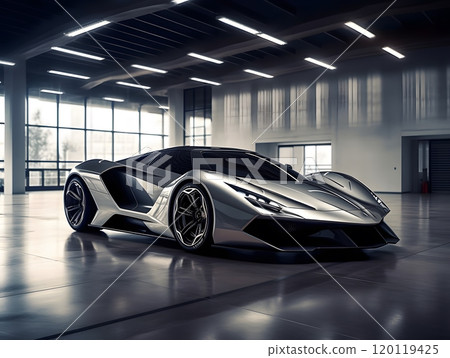Sleek silver sports car in modern architectural setting for automotive design 120119425