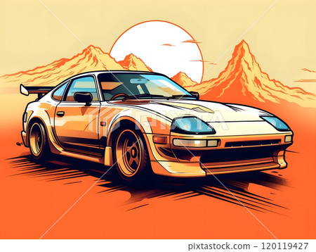 Vintage japanese supra sticker design in retro mountain sunset theme Vintage japanese supra sticker design in retro mountain sunset theme 120119427