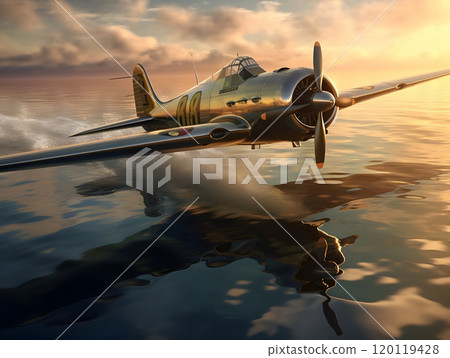 Vintage propeller plane flying over tranquil water at sunset for aviation enthusiasts 120119428