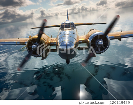 Vintage propeller plane soaring over reflective ocean waters - aviation art for prints 120119429