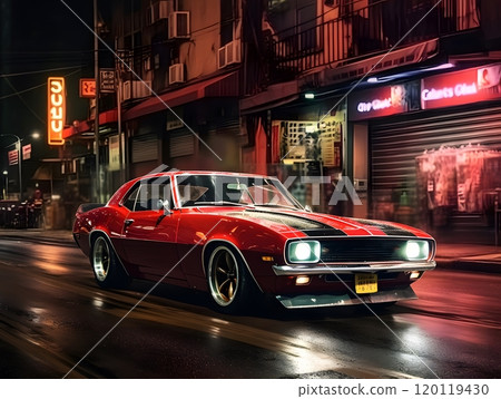 Vintage red car on urban night street - ideal for posters and prints Vintage red car on urban night street - ideal for posters and prints 120119430