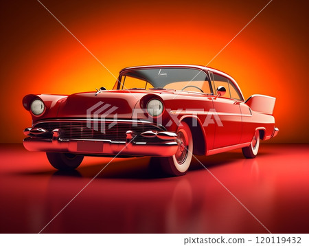 Vintage red classic car on vibrant red background for retro design projects 120119432