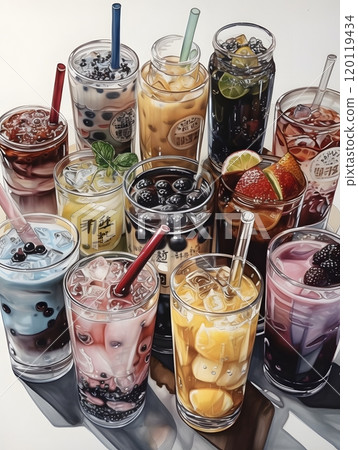 Vibrant assortment of refreshing drinks and desserts for summer celebrations 120119434