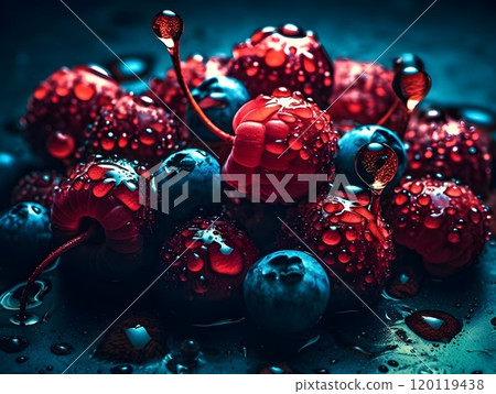 Vibrant cluster of fresh berries with water droplets for food photography 120119438