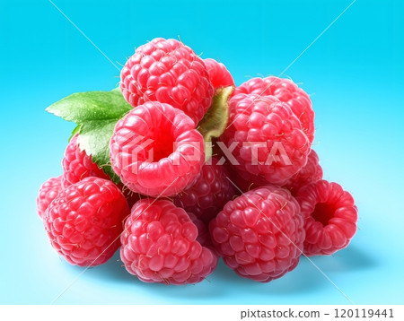 Vibrant raspberry cluster on blue background for fresh produce design 120119441