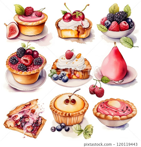 Watercolor dessert collection: a variety of sweet treats for culinary art designs 120119443
