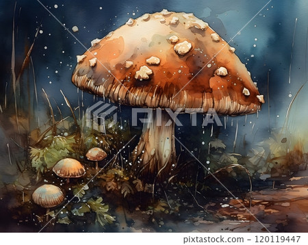 Watercolor mushroom art: ground-level nature scene with textured details 120119447