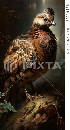 Majestic pheasant in forest setting with lush feathers and woodland background 120119586