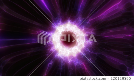 A mesmerizing burst of neon pink and blue light rays converging at a bright core in dynamic energy futuristic sci-fi or technology-related tunnel effect 120119590