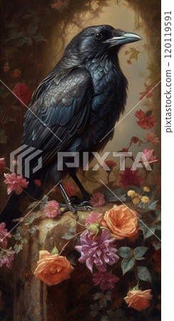 Majestic raven perched among blooming roses in enchanted garden 120119591