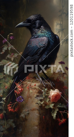 Mystical raven perched amidst enchanting floral surroundings in dreamlike setting Mystical raven perched amidst enchanting floral surroundings in dreamlike setting 120119598