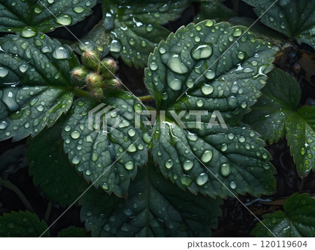 Close-up of dew-covered strawberry plant leaves in natural light 120119604
