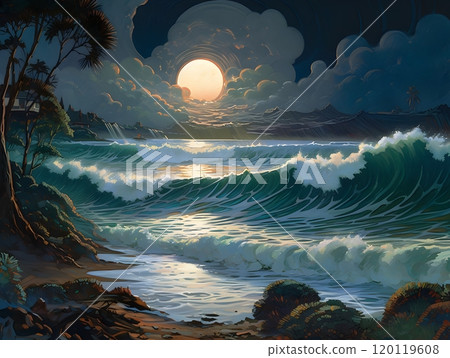 Majestic moonlit waves crashing on tropical beach at night 120119608