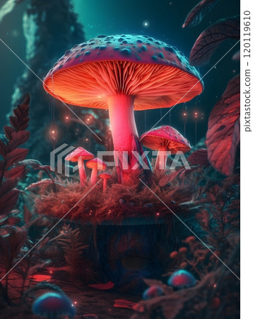 Mystical glowing mushrooms in enchanted forest at night Mystical glowing mushrooms in enchanted forest at night 120119610