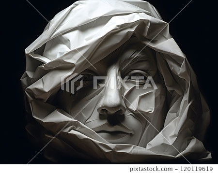 Abstract face sculpture with draped fabric covering 120119619