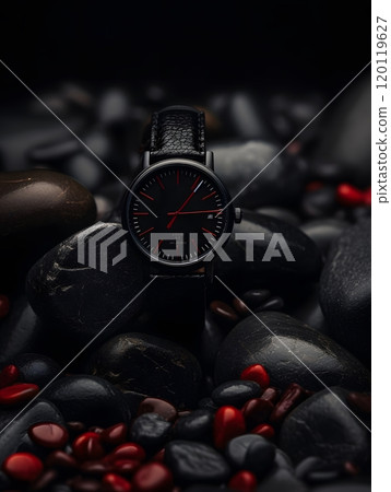 Elegant black watch on smooth stones - modern timepiece design for advertising Elegant black watch on smooth stones - modern timepiece design for advertising 120119627