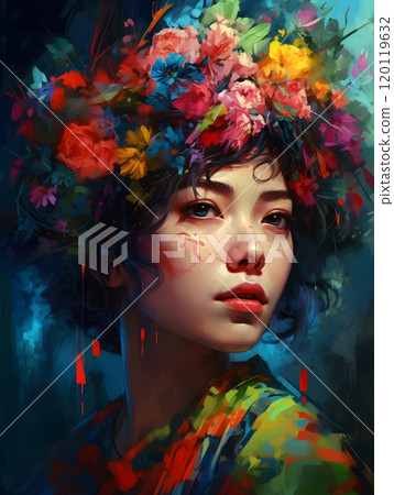Floral fantasy portrait: vibrant digital art of woman with blossoming headpiece 120119632