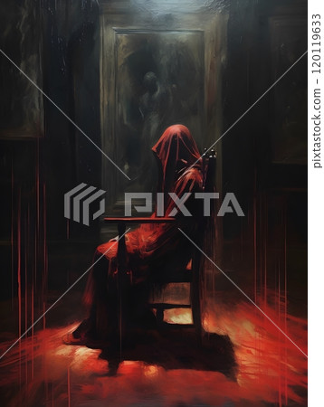 Mysterious ghost in red cloak seated in dark room - album cover art concept Mysterious ghost in red cloak seated in dark room - album cover art concept 120119633