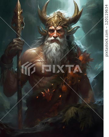 Mythical warrior with horned helmet and spear in enchanted forest 120119634