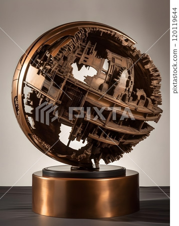 Intricate metal sphere sculpture on wooden base for art and design 120119644