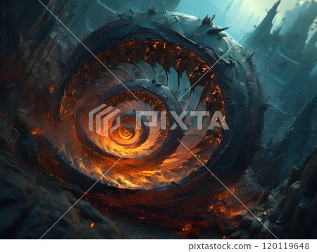 Mystical fiery spiral in futuristic landscape digital art design 120119648