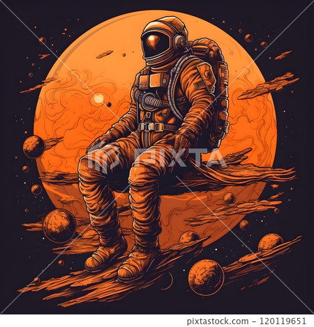 Ornate astronaut sitting on moon with planets in background - space art design for posters Ornate astronaut sitting on moon with planets in background - space art design for posters 120119651