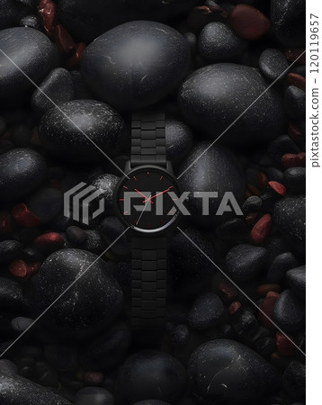 Sleek black watch on smooth stones - modern elegance and timeless style for fashion design 120119657