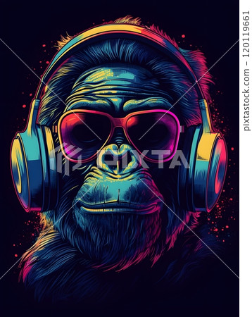 Synthwave gorilla with headphones and sunglasses vibrant digital art design for posters 120119661