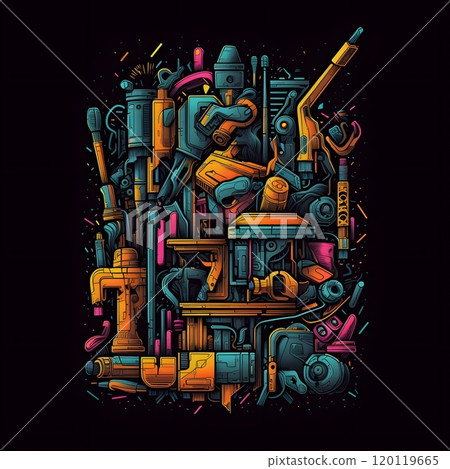 Vibrant construction tools abstract art design for posters and prints 120119665