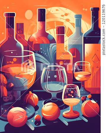 Vibrant wine selection with bottles and glasses for vector art design Vibrant wine selection with bottles and glasses for vector art design 120119676