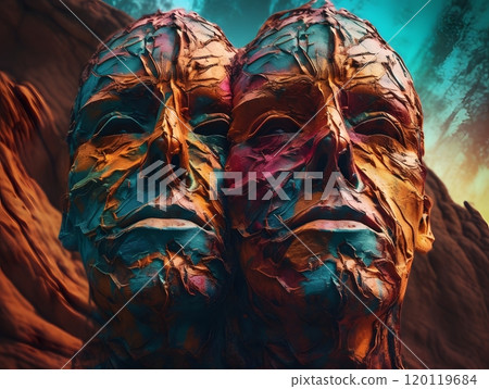Abstract human faces with colorful textured layers in surreal desert landscape Abstract human faces with colorful textured layers in surreal desert landscape 120119684