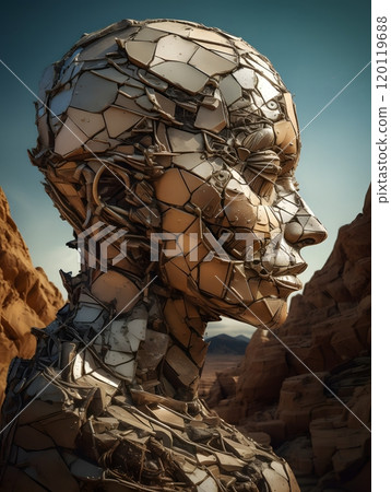 Futuristic sculpture: human formed from metallic fragments in desert canyon Futuristic sculpture: human formed from metallic fragments in desert canyon 120119688